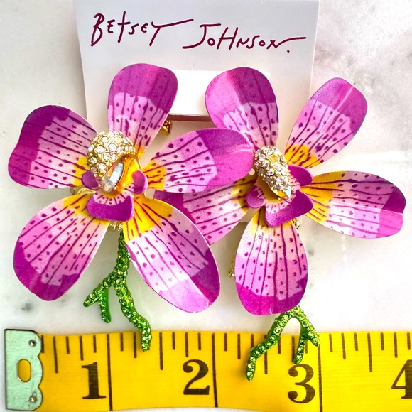 New Betsey Johnson Floral Orchid Earrings with Crystal Accents